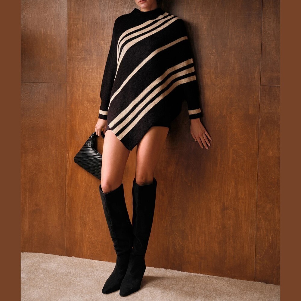 Black Cream Diagonal Striped Knit Asymmetric Hem Sweater — Longline